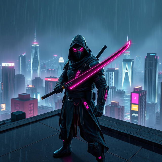 A cyberpunk themed scene featuring a dark ninja clad in futuristic armor with neon pink accents