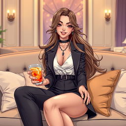 A stylish illustration of a confident young woman with long, flowing hair, wearing a fashionable outfit that showcases her unique sense of style