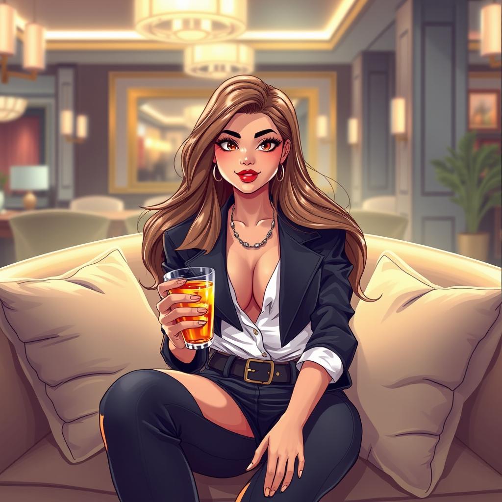 A stylish illustration of a confident young woman with long, flowing hair, wearing a fashionable outfit that showcases her unique sense of style