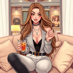 A stylish illustration of a confident young woman with long, flowing hair, wearing a fashionable outfit that showcases her unique sense of style