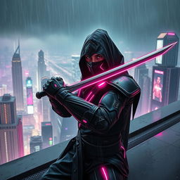 A cyberpunk themed scene featuring a dark ninja with a human face and intricate bionic arms, clad in sleek, futuristic armor accented with glowing neon pink elements