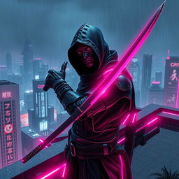 A cyberpunk themed scene featuring a dark ninja with a human face and intricate bionic arms, clad in sleek, futuristic armor accented with glowing neon pink elements
