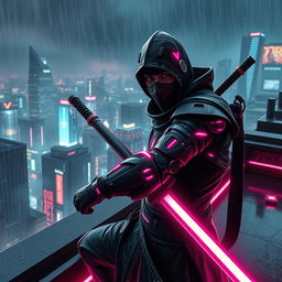 A cyberpunk themed scene featuring a dark ninja with a human face and intricate bionic arms, clad in sleek, futuristic armor accented with glowing neon pink elements