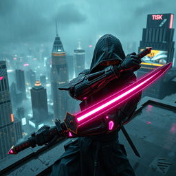 A cyberpunk themed scene featuring a dark ninja with a human face and intricate bionic arms, clad in sleek, futuristic armor accented with glowing neon pink elements