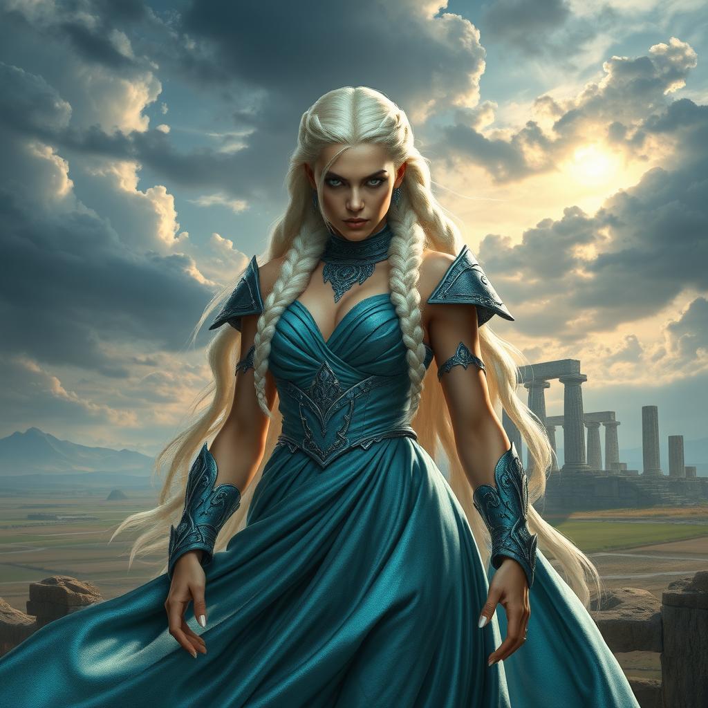 A powerful and regal fantasy character inspired by the concept of a queen, with striking features and a fierce expression