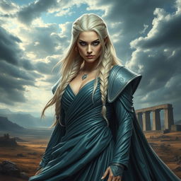 A powerful and regal fantasy character inspired by the concept of a queen, with striking features and a fierce expression