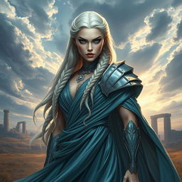 A powerful and regal fantasy character inspired by the concept of a queen, with striking features and a fierce expression