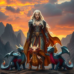 A powerful and fierce female warrior standing proudly in a grand, ancient landscape