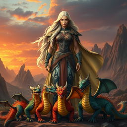 A powerful and fierce female warrior standing proudly in a grand, ancient landscape