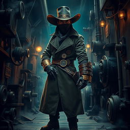 A steampunk themed scene featuring a dark ninja with a human face and a bionic arm, styled like a cowboy ninja