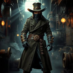 A steampunk themed scene featuring a dark ninja with a human face and a bionic arm, styled like a cowboy ninja