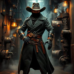 A steampunk themed scene featuring a dark ninja with a human face and a bionic arm, styled like a cowboy ninja