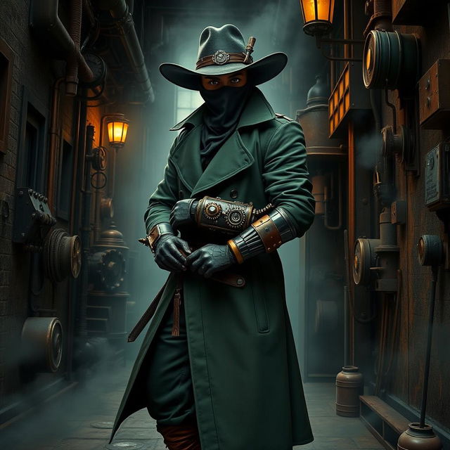 A steampunk themed scene featuring a dark ninja with a human face and a bionic arm, styled like a cowboy ninja