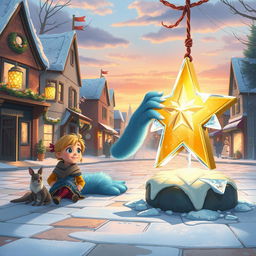 A serene scene depicting Chole, a curious young girl with bright hair, sitting alone in the peaceful town square as she observes Mr