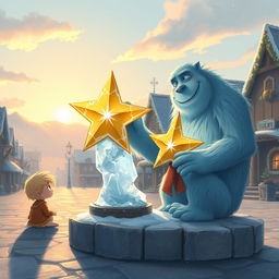 A serene scene depicting Chole, a curious young girl with bright hair, sitting alone in the peaceful town square as she observes Mr