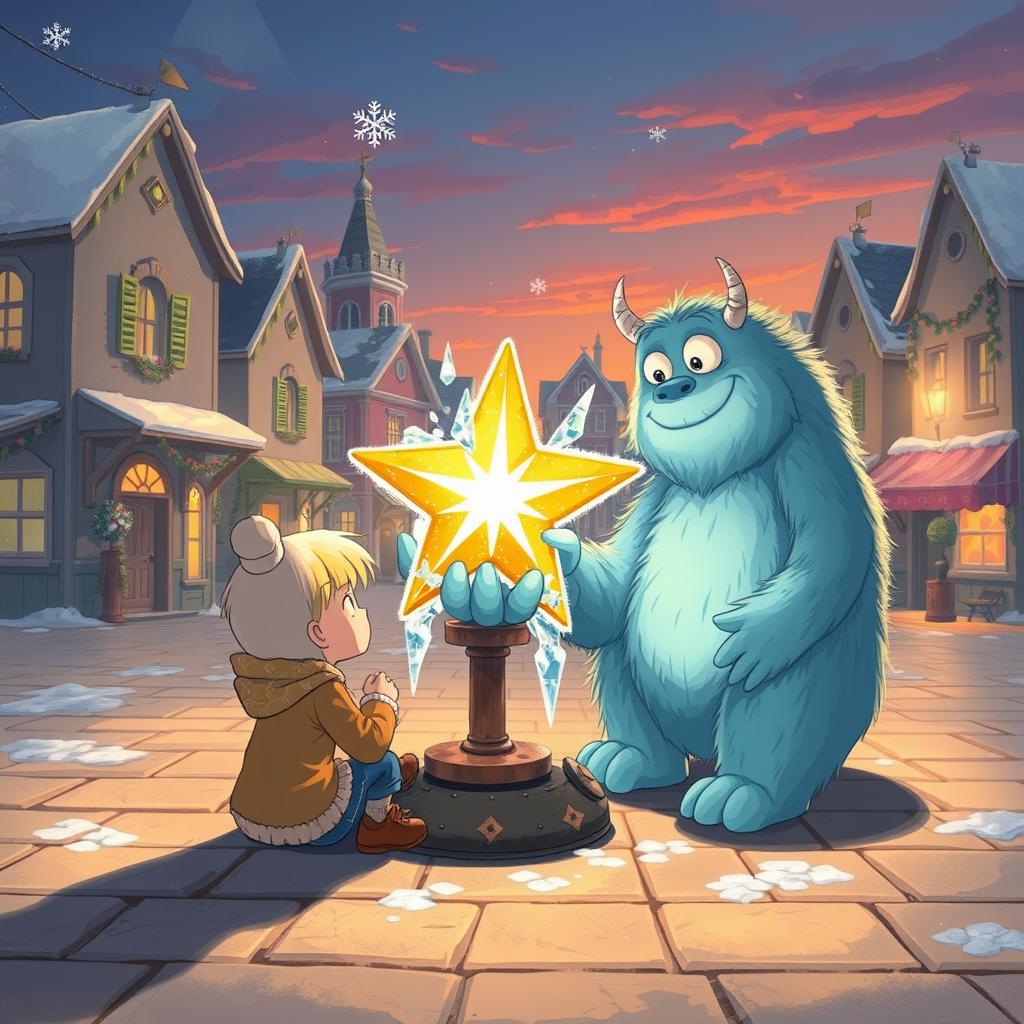 A serene scene depicting Chole, a curious young girl with bright hair, sitting alone in the peaceful town square as she observes Mr