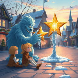 A serene scene depicting Chole, a curious young girl with bright hair, sitting alone in the peaceful town square as she observes Mr
