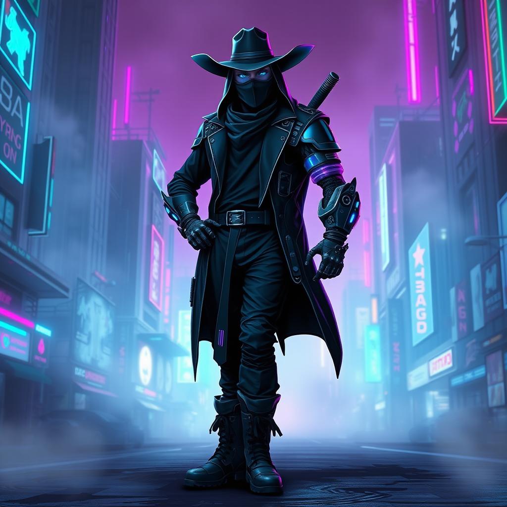 A cyberpunk themed character design featuring a dark ninja with a human face and a bionic arm, styled like a cowboy