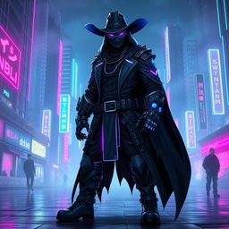 A cyberpunk themed character design featuring a dark ninja with a human face and a bionic arm, styled like a cowboy
