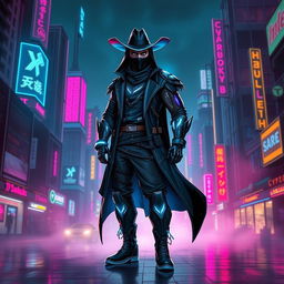 A cyberpunk themed character design featuring a dark ninja with a human face and a bionic arm, styled like a cowboy