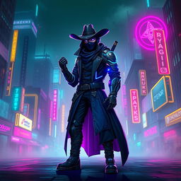 A cyberpunk themed character design featuring a dark ninja with a human face and a bionic arm, styled like a cowboy