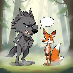 A whimsical cartoon scene featuring an angry wolf with exaggerated facial expressions, fur bristling in frustration, animatedly talking to a clever fox