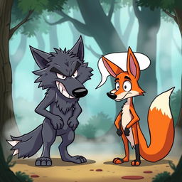 A whimsical cartoon scene featuring an angry wolf with exaggerated facial expressions, fur bristling in frustration, animatedly talking to a clever fox