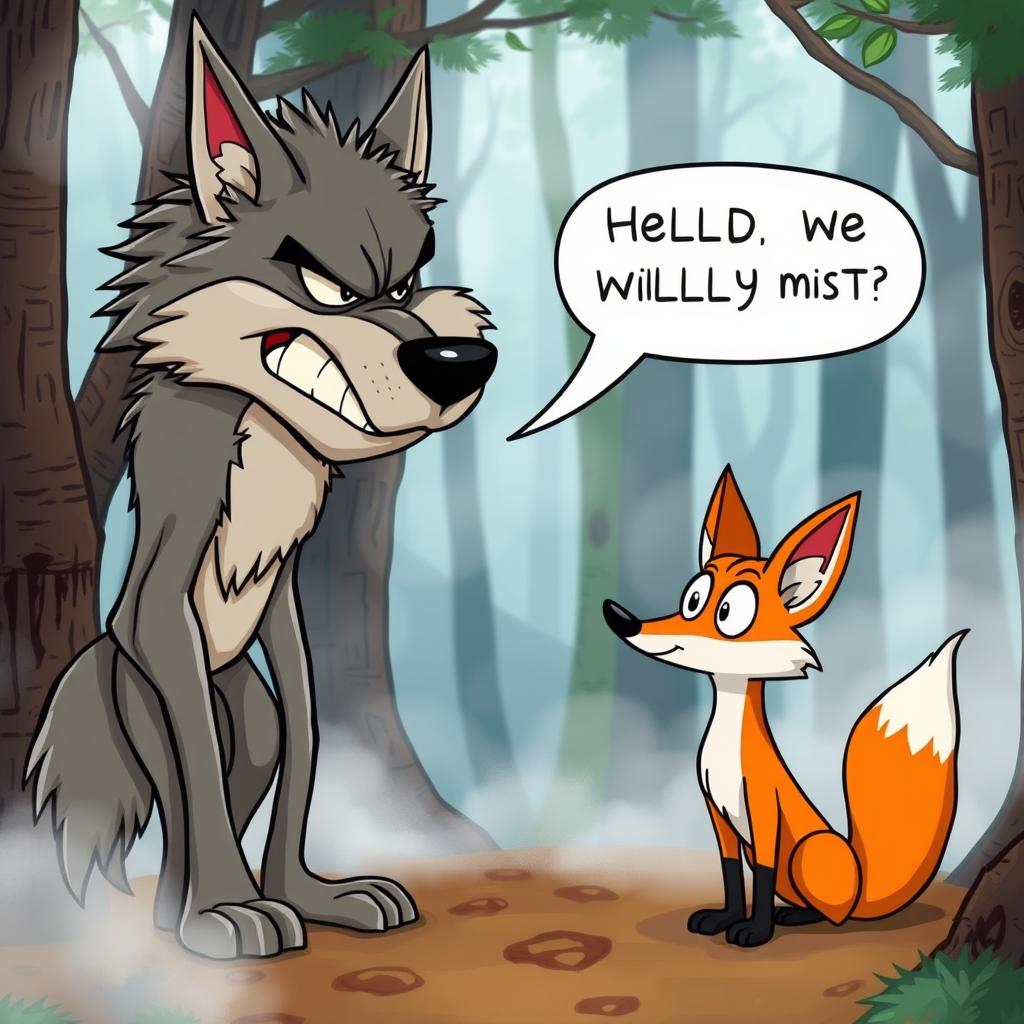 A whimsical cartoon scene featuring an angry wolf with exaggerated facial expressions, fur bristling in frustration, animatedly talking to a clever fox