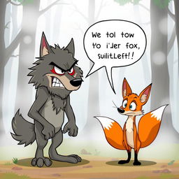 A whimsical cartoon scene featuring an angry wolf with exaggerated facial expressions, fur bristling in frustration, animatedly talking to a clever fox