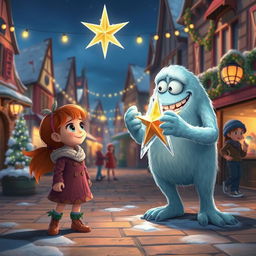 A whimsical scene showcasing Chole, a spirited young girl with brightly colored hair, observing the enchanting sight of Mr