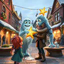 A whimsical scene showcasing Chole, a spirited young girl with brightly colored hair, observing the enchanting sight of Mr
