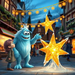 A whimsical scene showcasing Chole, a spirited young girl with brightly colored hair, observing the enchanting sight of Mr
