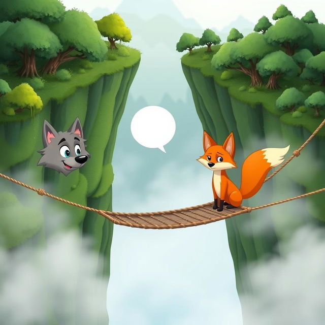 A whimsical cartoon scene featuring a friendly wolf and a clever fox engaged in conversation on a misty rope bridge