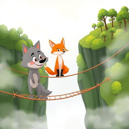 A whimsical cartoon scene featuring a friendly wolf and a clever fox engaged in conversation on a misty rope bridge