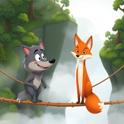 A whimsical cartoon scene featuring a friendly wolf and a clever fox engaged in conversation on a misty rope bridge