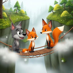 A whimsical cartoon scene featuring a friendly wolf and a clever fox engaged in conversation on a misty rope bridge
