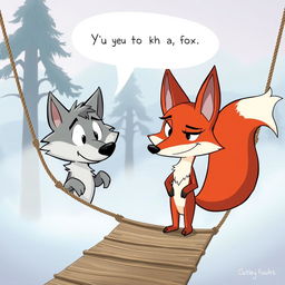 A whimsical cartoon scene featuring a wolf and a sly fox engaged in conversation on a misty rope bridge