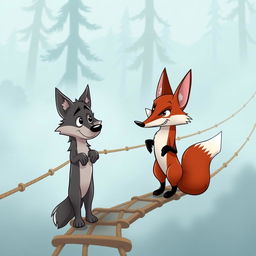 A whimsical cartoon scene featuring a wolf and a sly fox engaged in conversation on a misty rope bridge