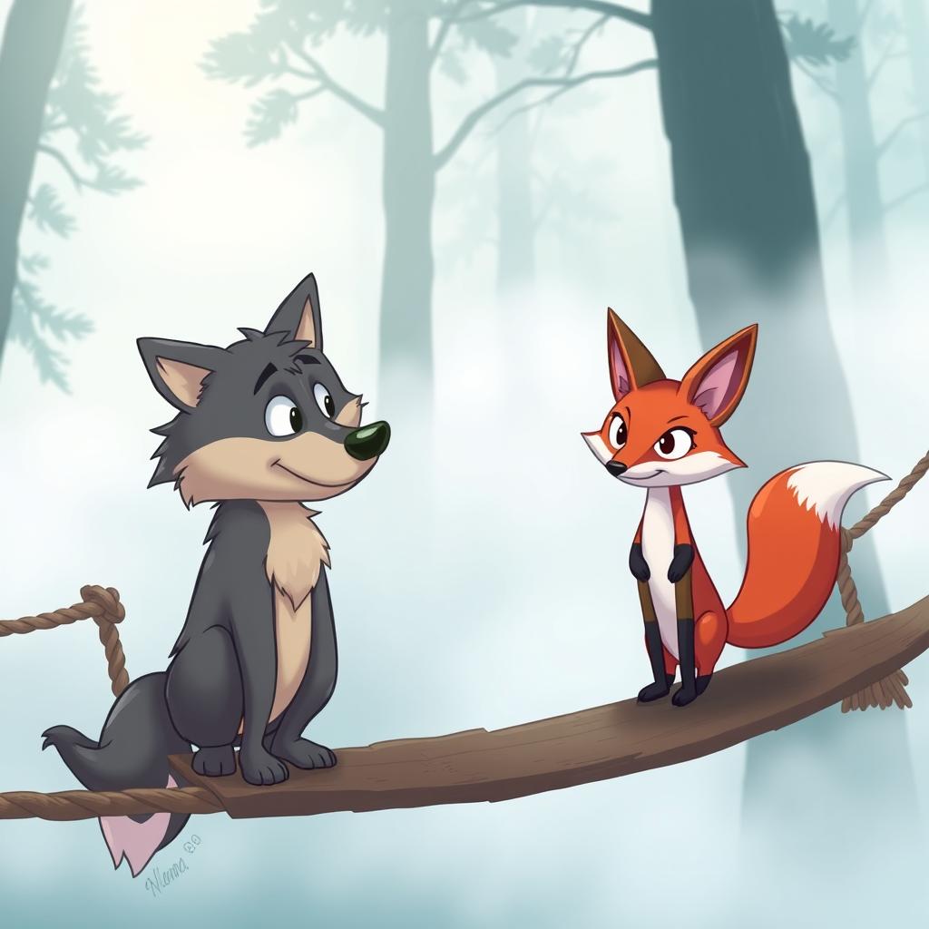 A whimsical cartoon scene featuring a wolf and a sly fox engaged in conversation on a misty rope bridge