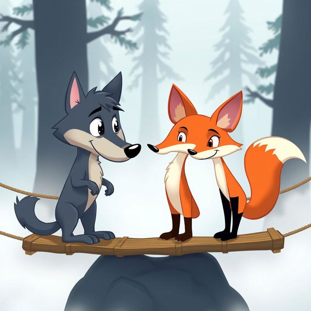 A whimsical cartoon scene featuring a wolf and a sly fox engaged in conversation on a misty rope bridge