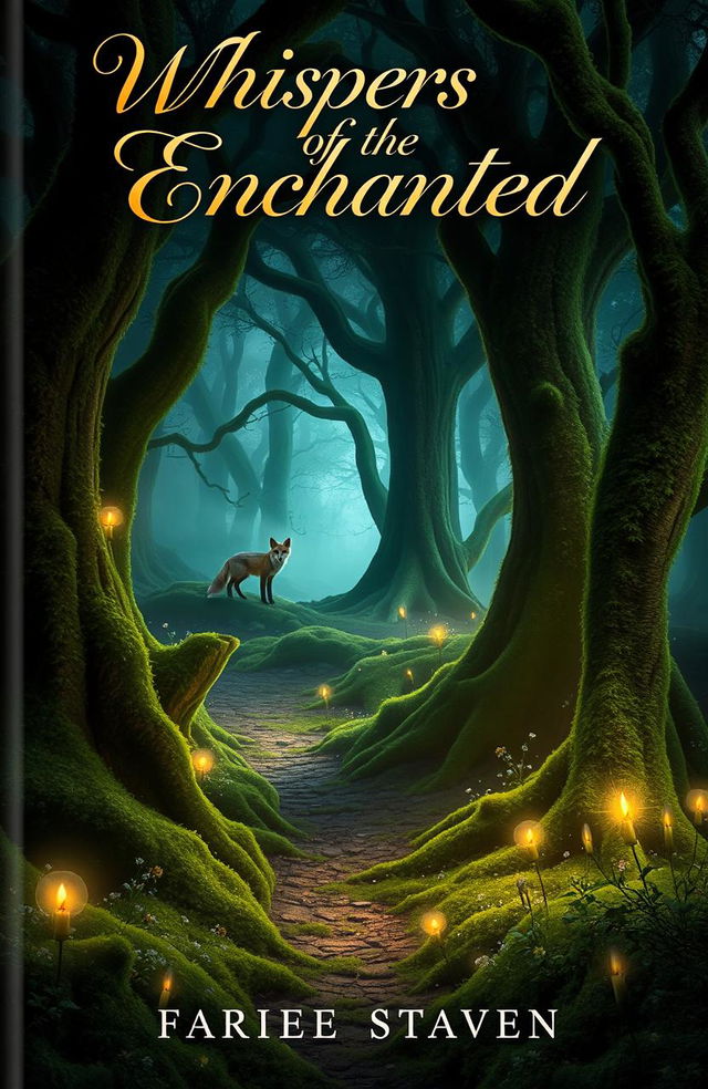 A captivating book cover featuring a mystical forest illuminated by a soft, ethereal glow