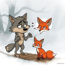 A cartoon-style illustration featuring a frustrated adult wolf with expressive eyes and fur details in shades of gray and brown, standing on a misty rope bridge