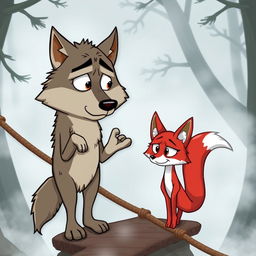 A cartoon-style illustration featuring a frustrated adult wolf with expressive eyes and fur details in shades of gray and brown, standing on a misty rope bridge