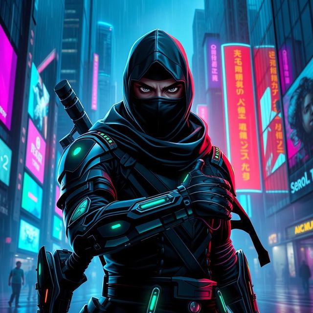 A dynamic cyberpunk themed character design showcasing a dark ninja featuring a human face and a futuristic bionic arm