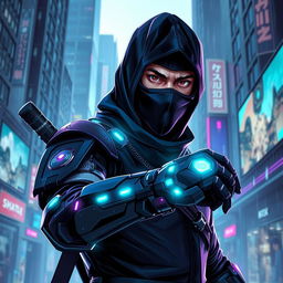 A dynamic cyberpunk themed character design showcasing a dark ninja featuring a human face and a futuristic bionic arm