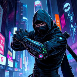 A dynamic cyberpunk themed character design showcasing a dark ninja featuring a human face and a futuristic bionic arm