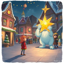 A captivating scene illustrating Chole, a young girl with bright hair, standing alone in a lively town square, observing Mr