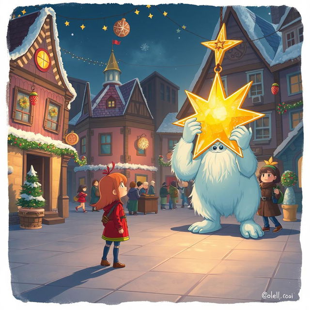A captivating scene illustrating Chole, a young girl with bright hair, standing alone in a lively town square, observing Mr