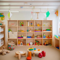 A colorful and well-organized Montessori play area with wooden toys, educational materials, and comfortable sitting zones, set in a bright and safe environment.