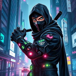 A striking cyberpunk character design featuring a dark ninja with a human face and a sleek bionic arm